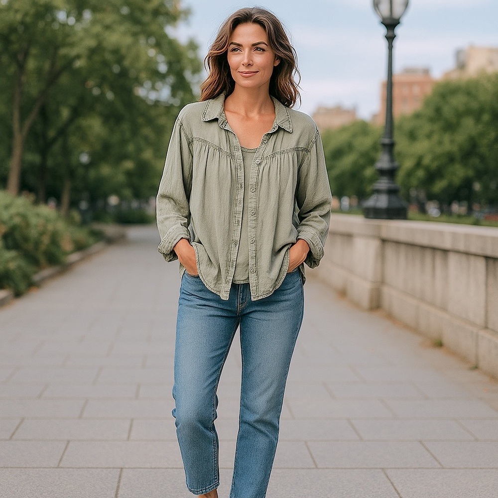 We The Free Sage Linen/Viscose Button Down Collared Shirt | Size Medium